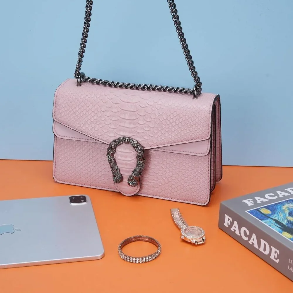 ⚡ Women's Light Pink Snake Vegan Leather Print Casual Satchel Crossbody Handbag